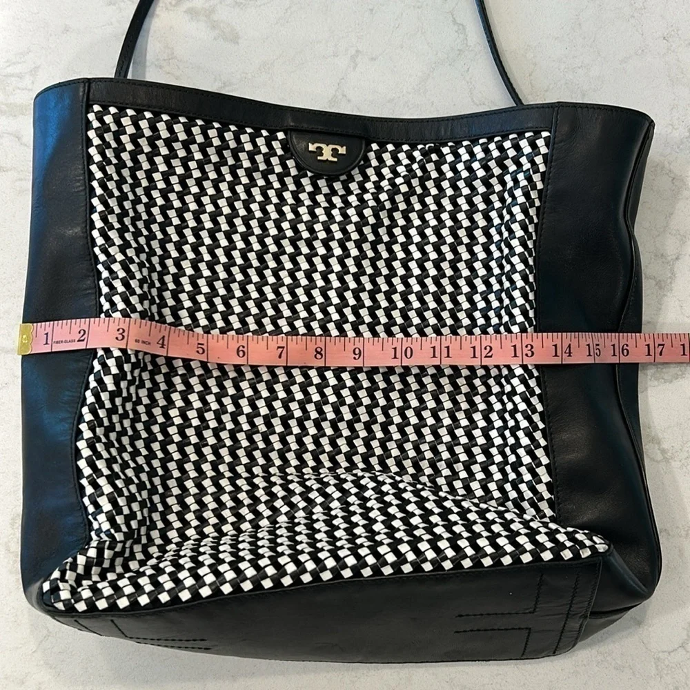 Tory Burch Erica Black/White Leather Woven Large Tote